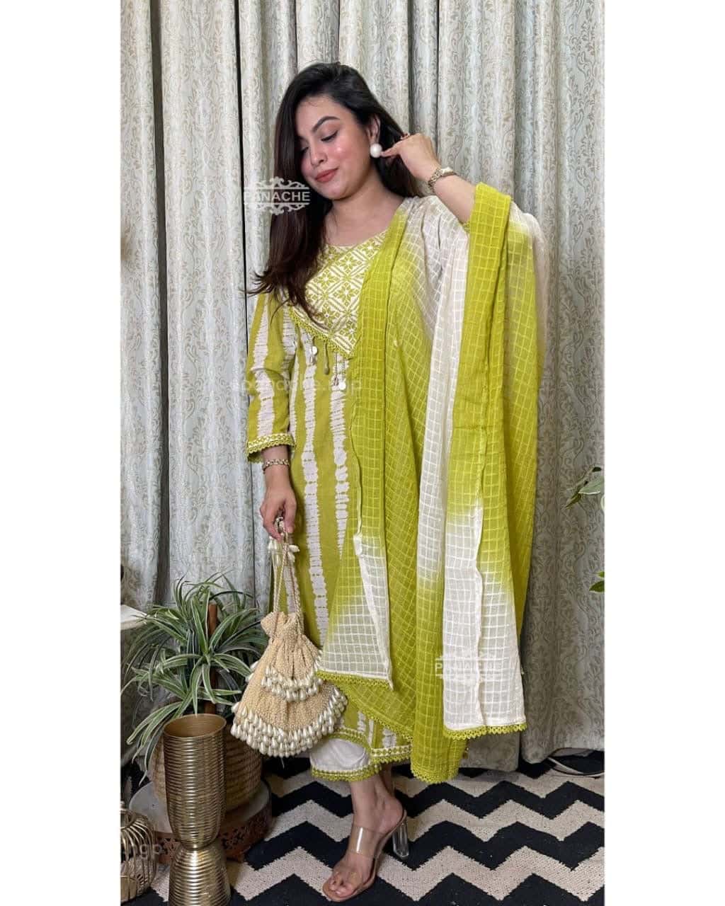 Premium Heavy Cotton Full Printed Kurti Detailed Neckline Work With Shells Or Pant Handwork & Heavy Lace With Kota doriya tye Dye Dupatta