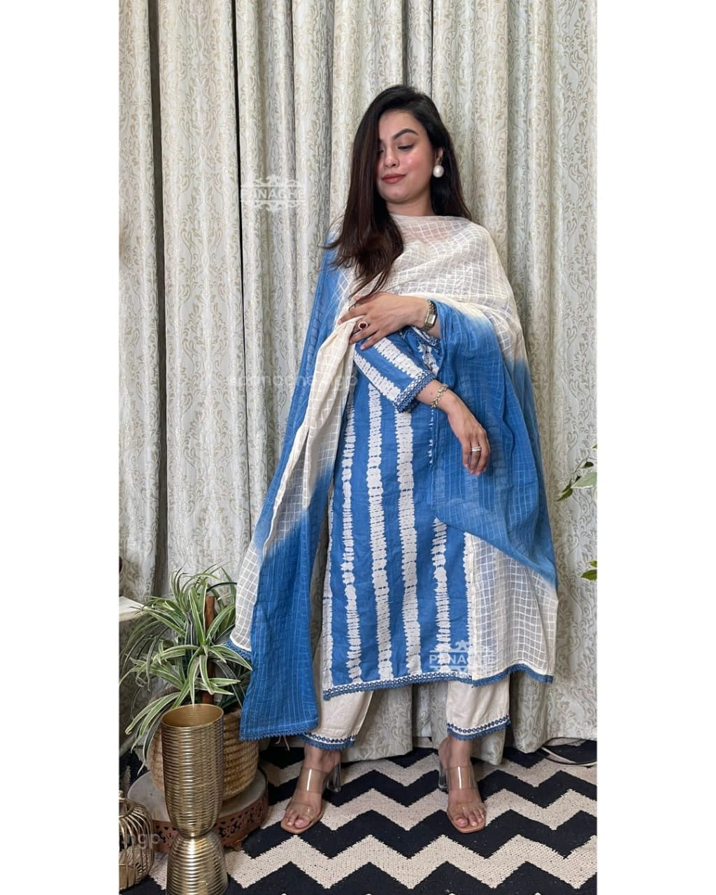 Premium Heavy Cotton Full Printed Kurti Detailed Neckline Work With Shells Or Pant Handwork & Heavy Lace With Kota doriya tye Dye Dupatta