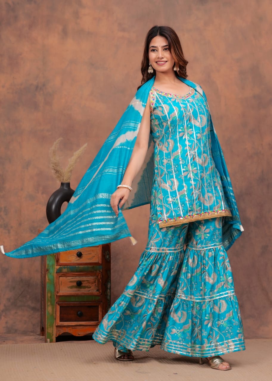Beautiful umbrella style kurti with sharara and dupatta set