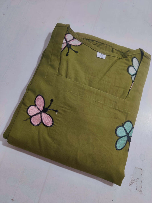 Mehendi Color Embroidered Butterfly Midi With Stylish Puff Sleeves