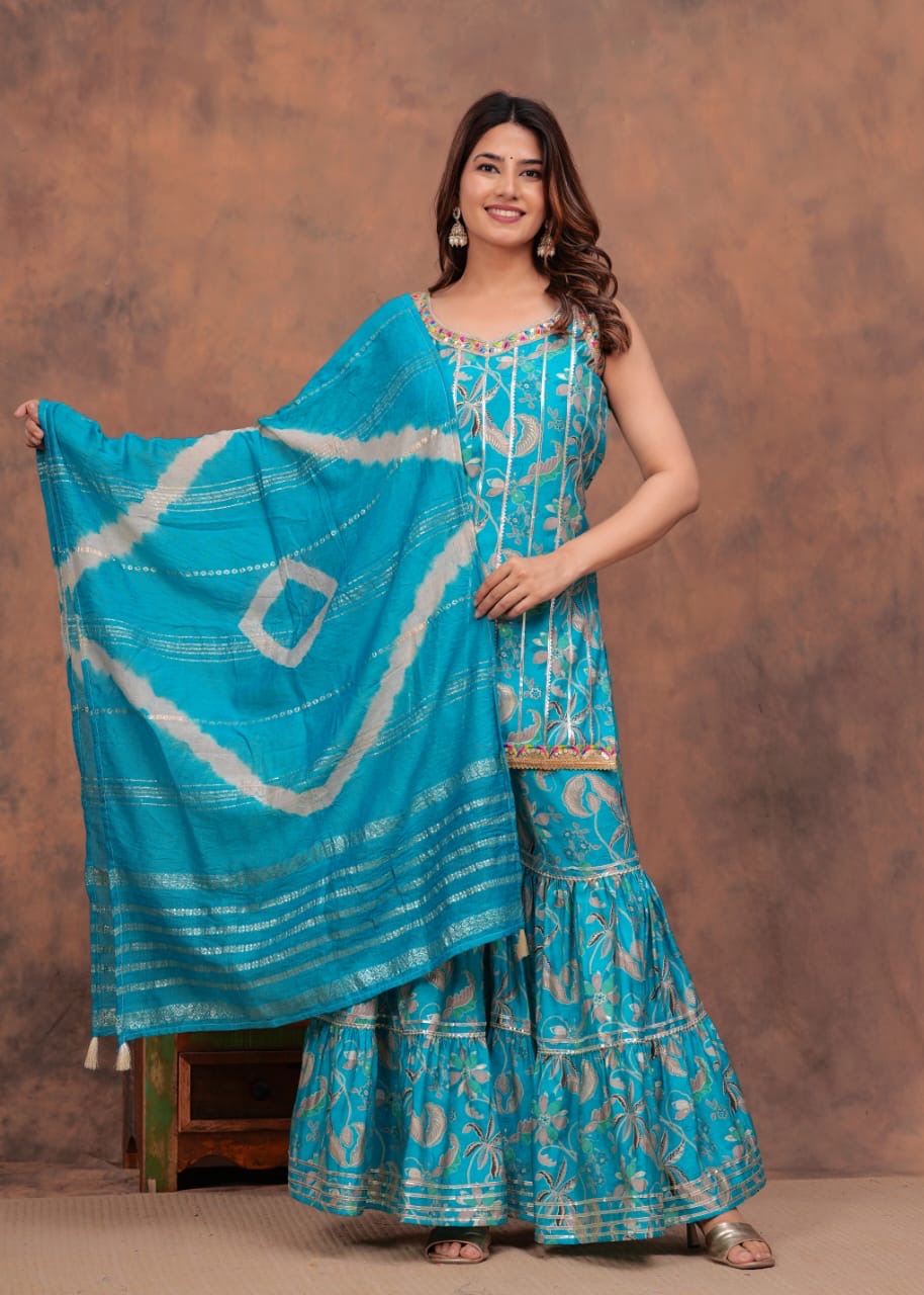 Beautiful umbrella style kurti with sharara and dupatta set