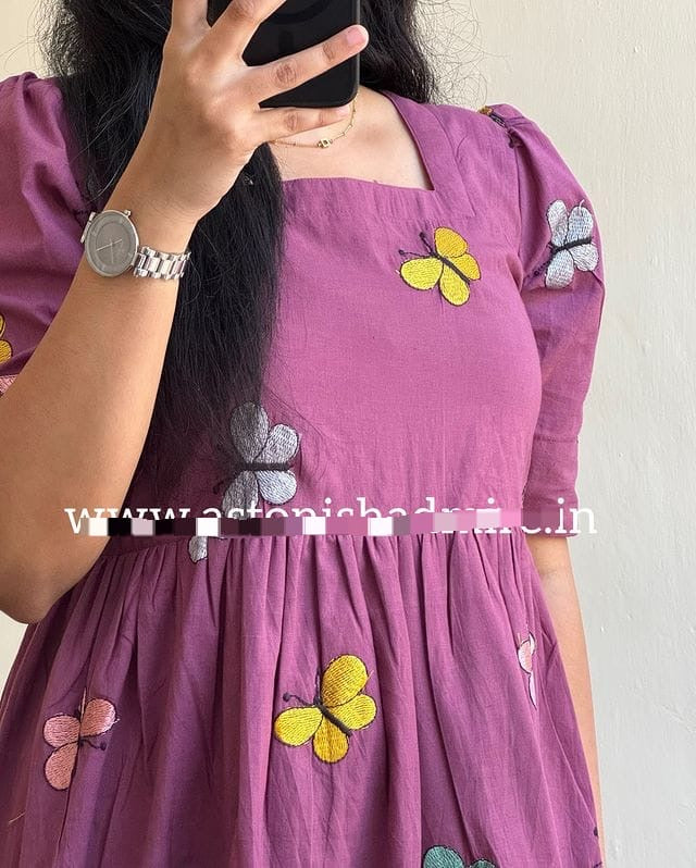 Purple embroidered butterfly Midi with stylish puff sleeves