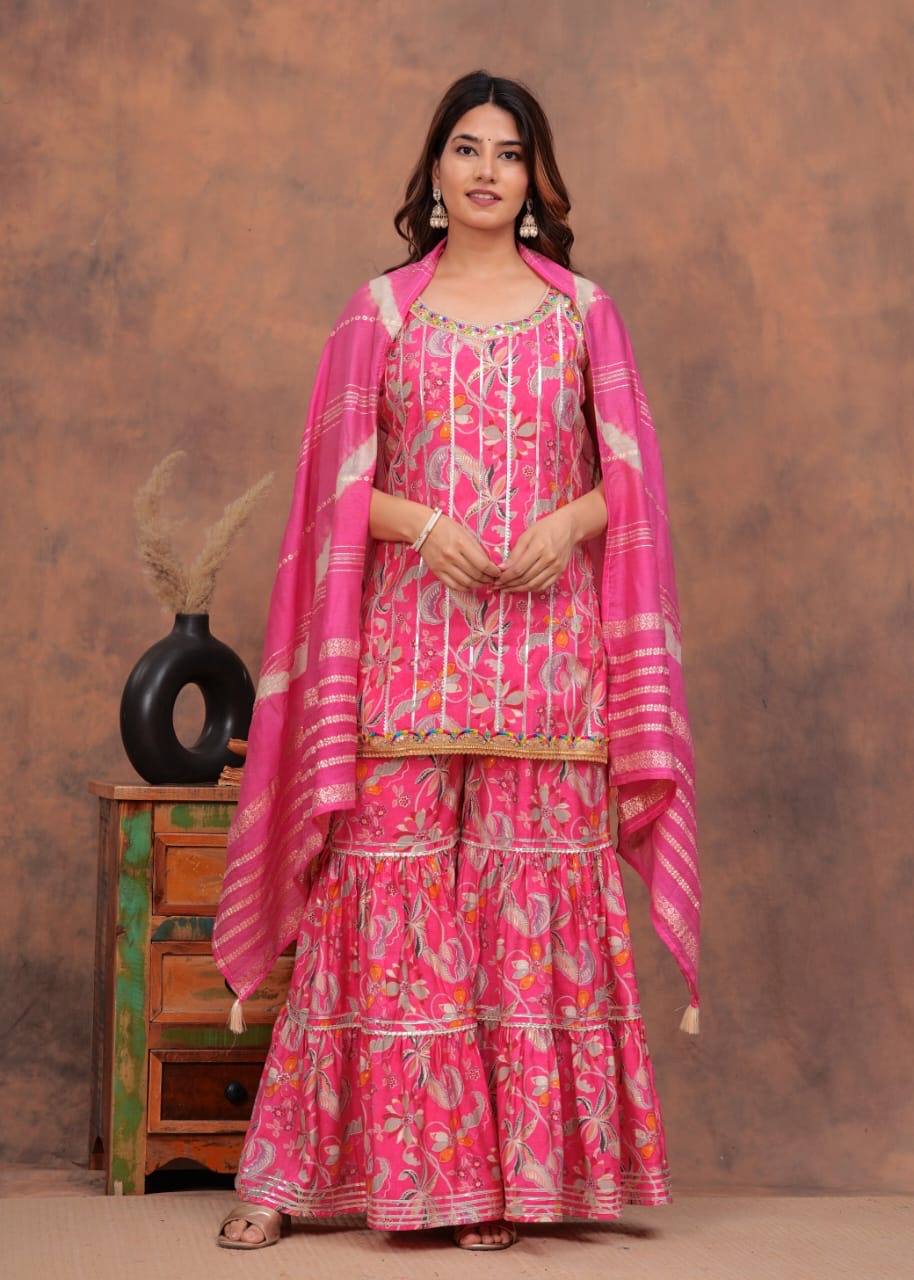 Beautiful umbrella style kurti with sharara and dupatta set