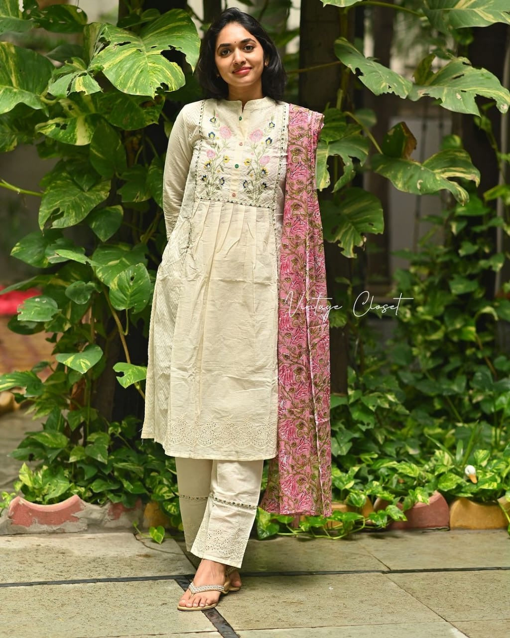 Stylish dobby cotton shifli work kurti pant dupatta set