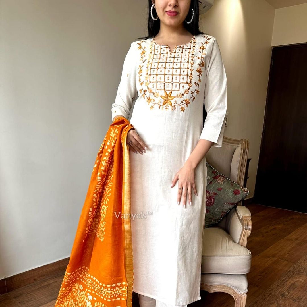 Handloom cotton kurta set with linen dupatta with heavy tassels