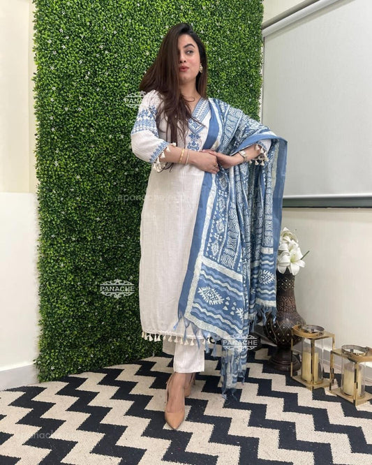 Blue And White  Cotton Embroidered  Katha Suite Sets