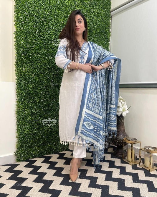 Blue And White  Cotton Embroidered  Katha Suite Sets