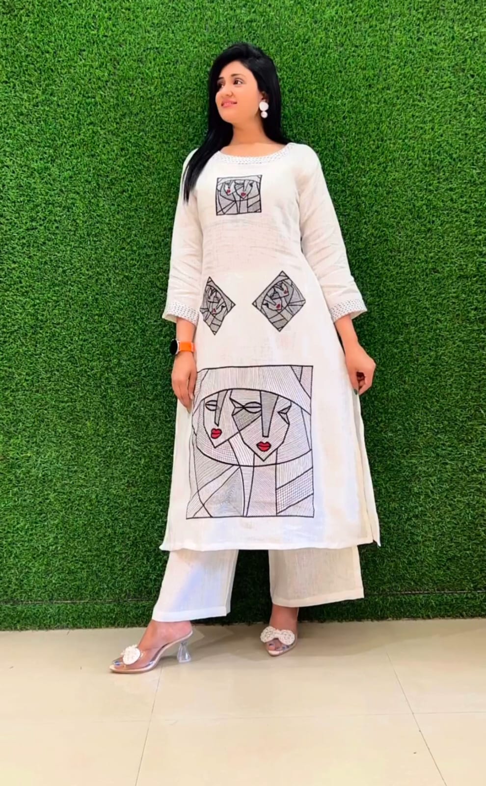 Off-white Flex Cotton Handwork Kurta Set