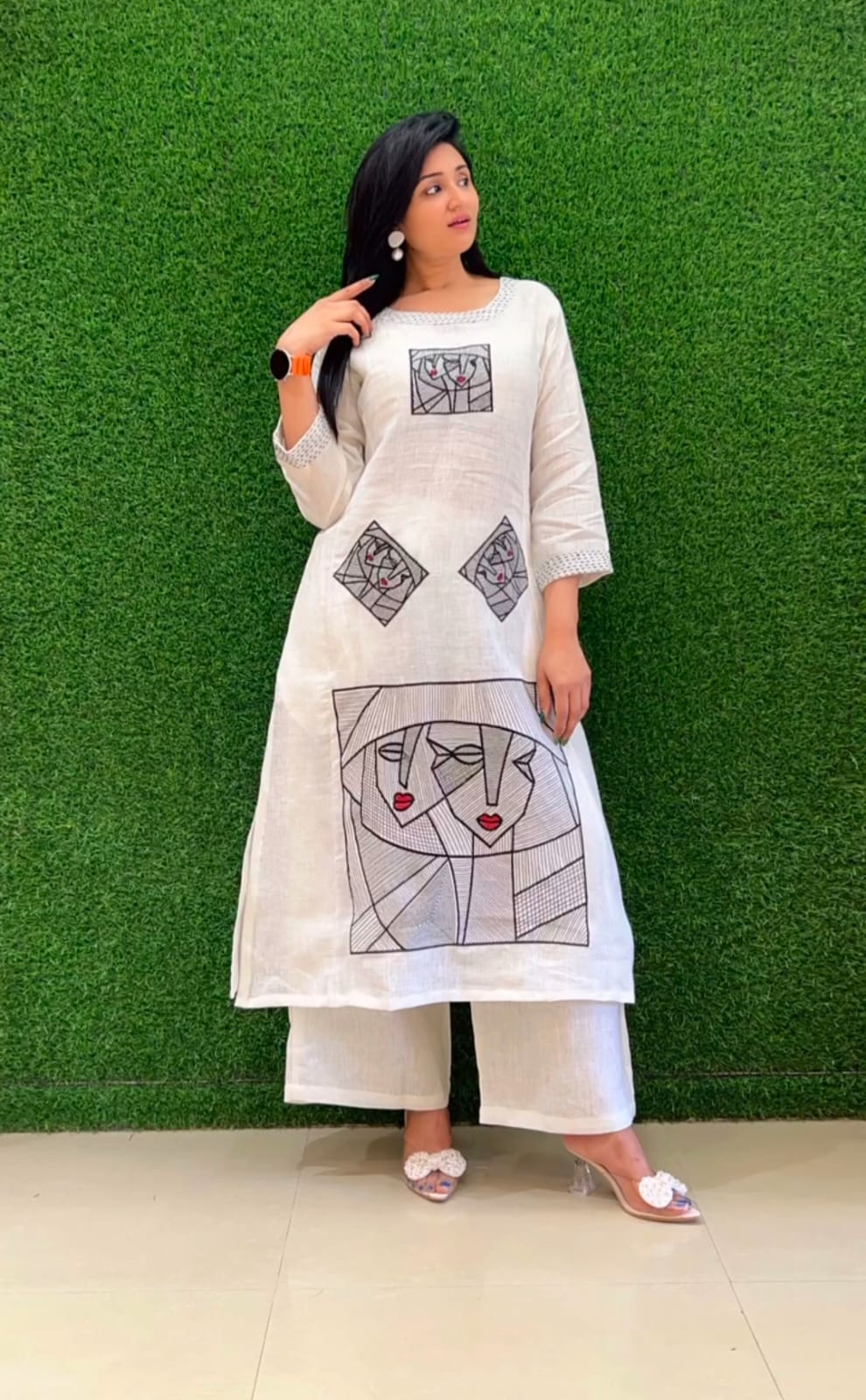 Off-white Flex Cotton Handwork Kurta Set