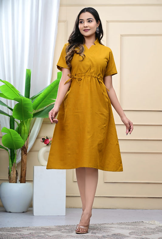 Boho Breeze Cotton Slub Dress With Pocket (Mustard)