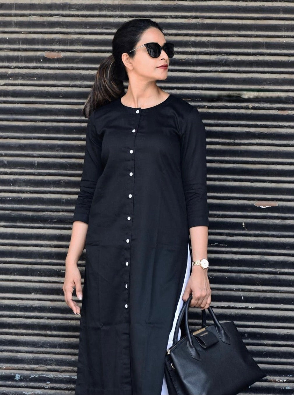 Formal Office Wear Black And White Jam Cotton Classy Kurta Set