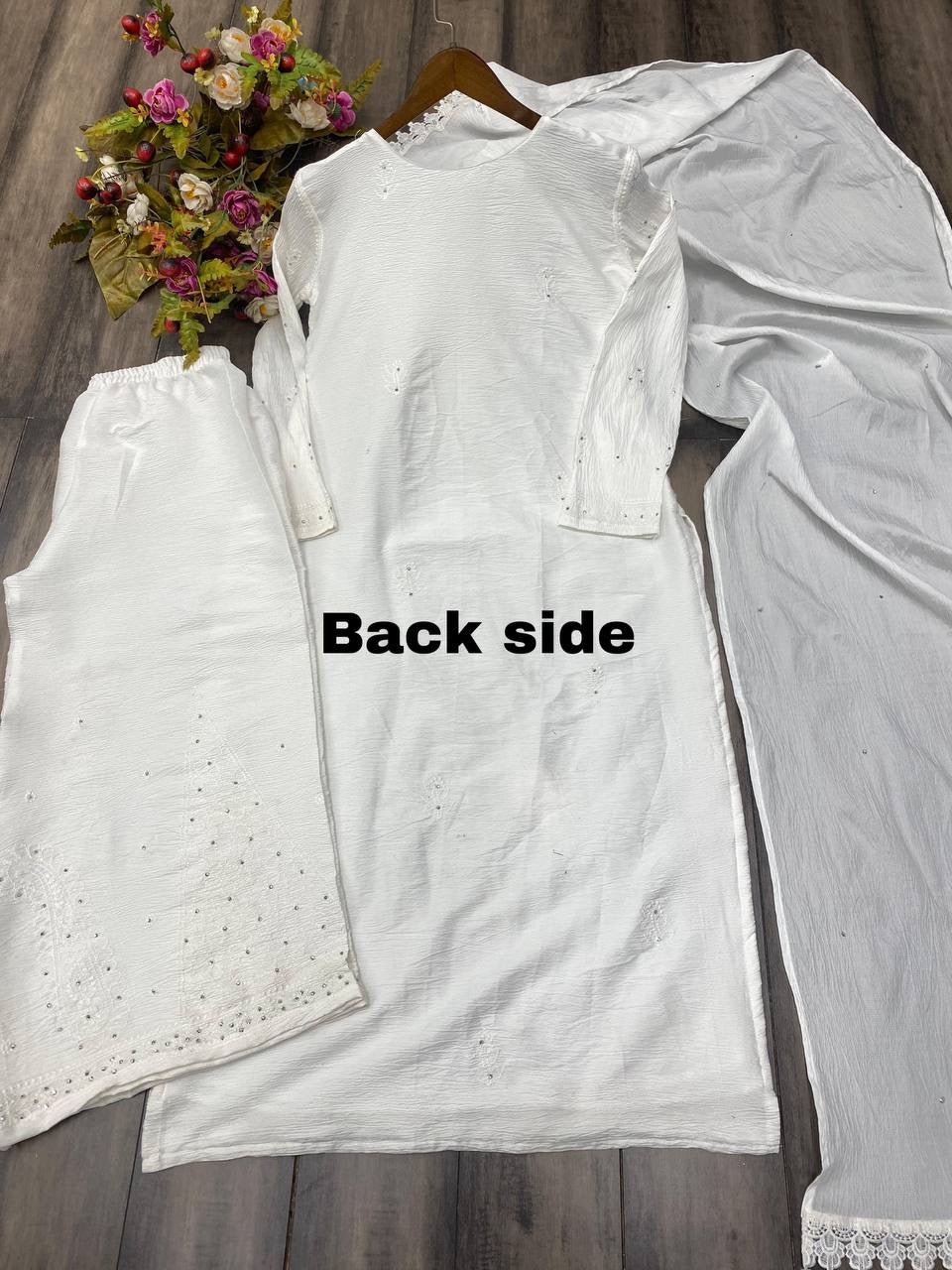 White delta fabric embellished cotton kurta plazzo dupatta set