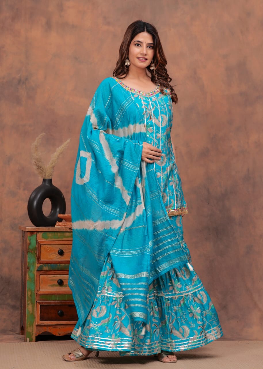 Beautiful umbrella style kurti with sharara and dupatta set