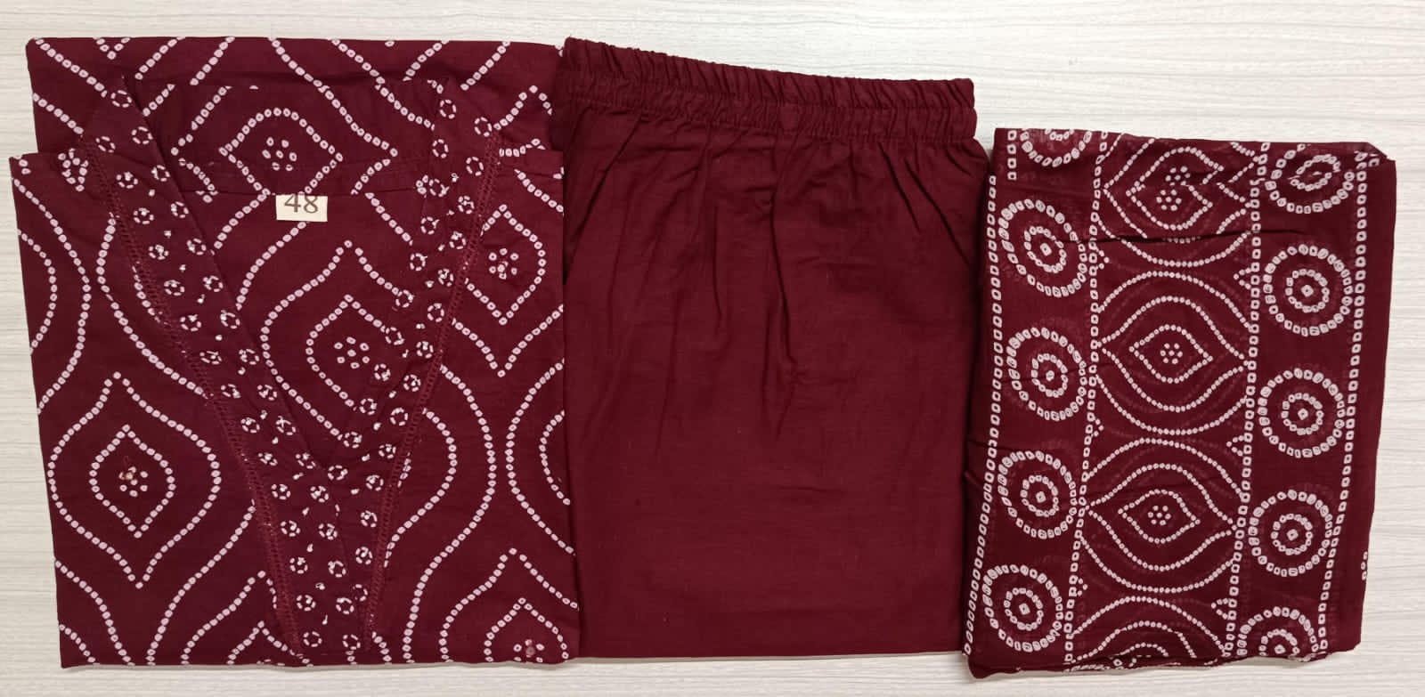 Maroon Cotton Kurta, Pant & Dupatta Set