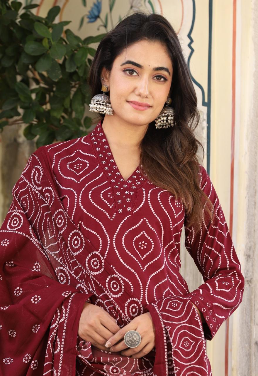 Maroon Cotton Kurta, Pant & Dupatta Set
