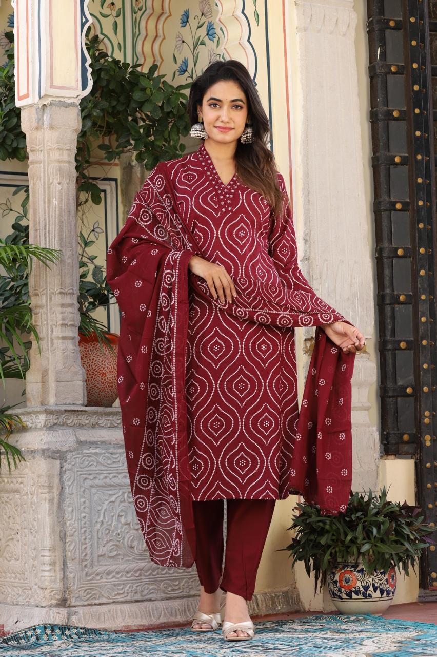 Maroon Cotton Kurta, Pant & Dupatta Set
