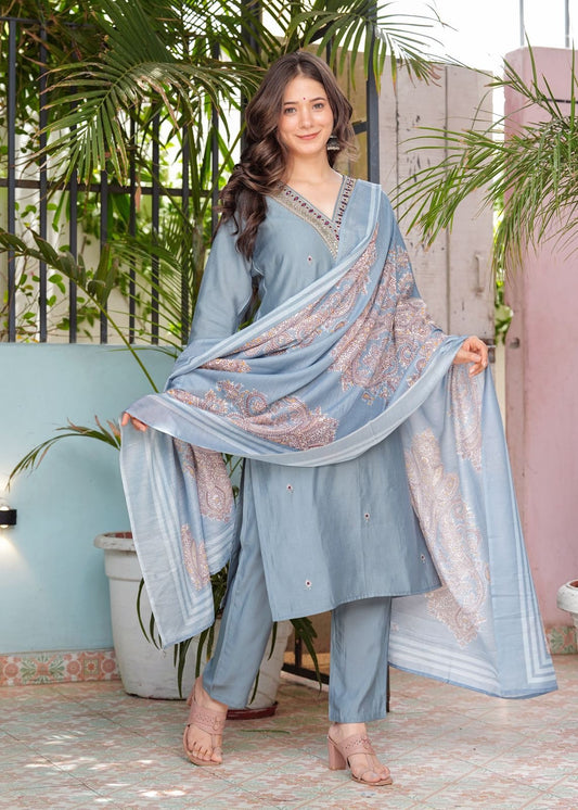 Beautiful Roman Modal Silk Kurti With Classy Comfort Pant And Silk Printed Dupatta