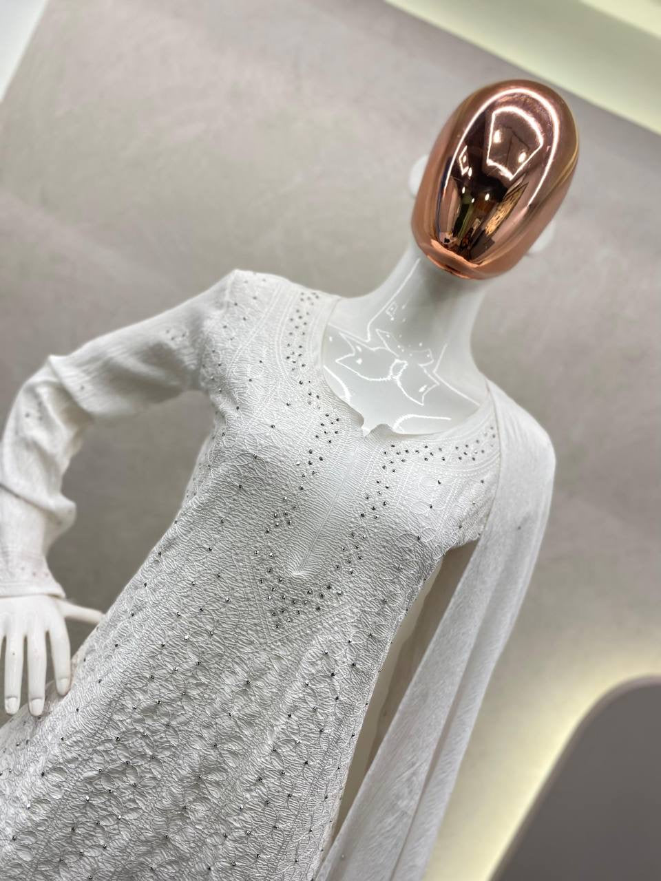 White delta fabric embellished cotton kurta plazzo dupatta set
