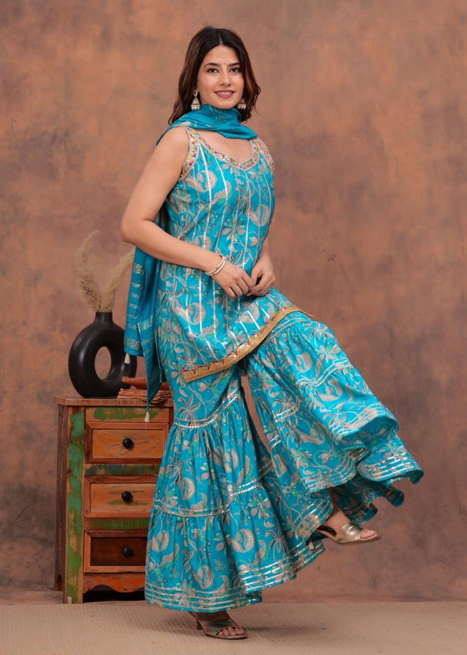 Beautiful umbrella style kurti with sharara and dupatta set