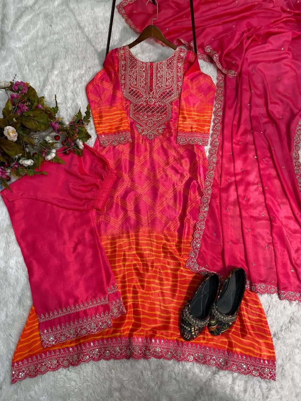 Designer A-line Pure Chinon silk printed kurta set