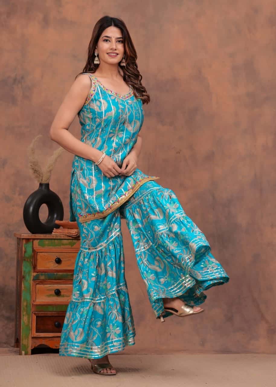 Beautiful umbrella style kurti with sharara and dupatta set