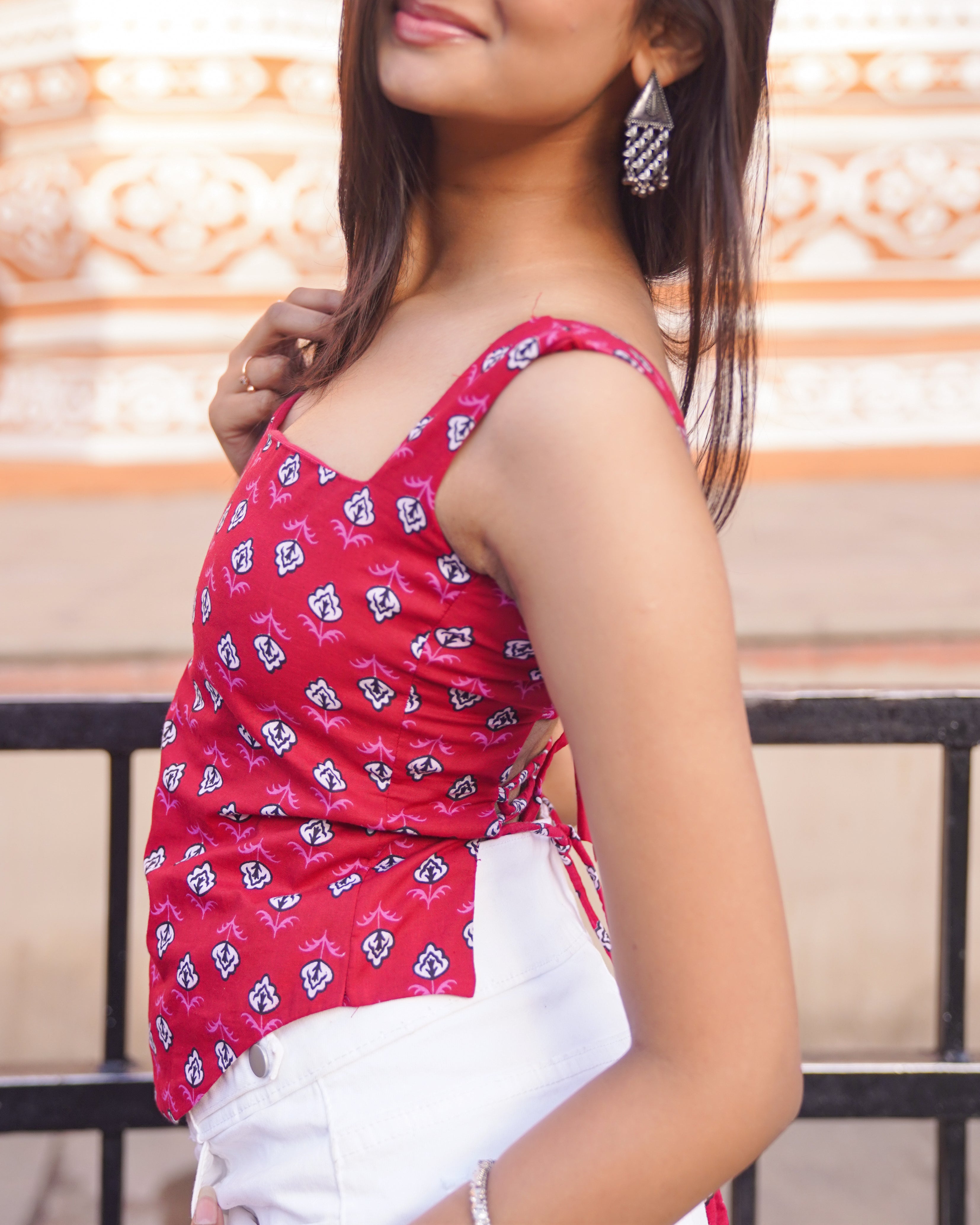Surkh Red Block Print Sweetheart Neck Kurti | Bold Ethnic Top | Jaipur Trendz