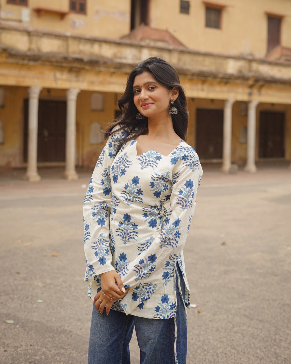 Syahi | Ivory & Blue Bell Sleeve Block Print Short Kurti