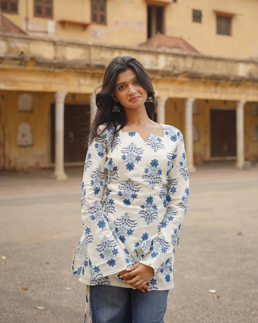 Syahi | Ivory & Blue Bell Sleeve Block Print Short Kurti