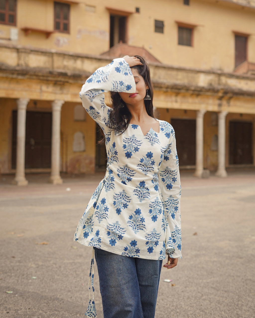 Syahi | Ivory & Blue Bell Sleeve Block Print Short Kurti