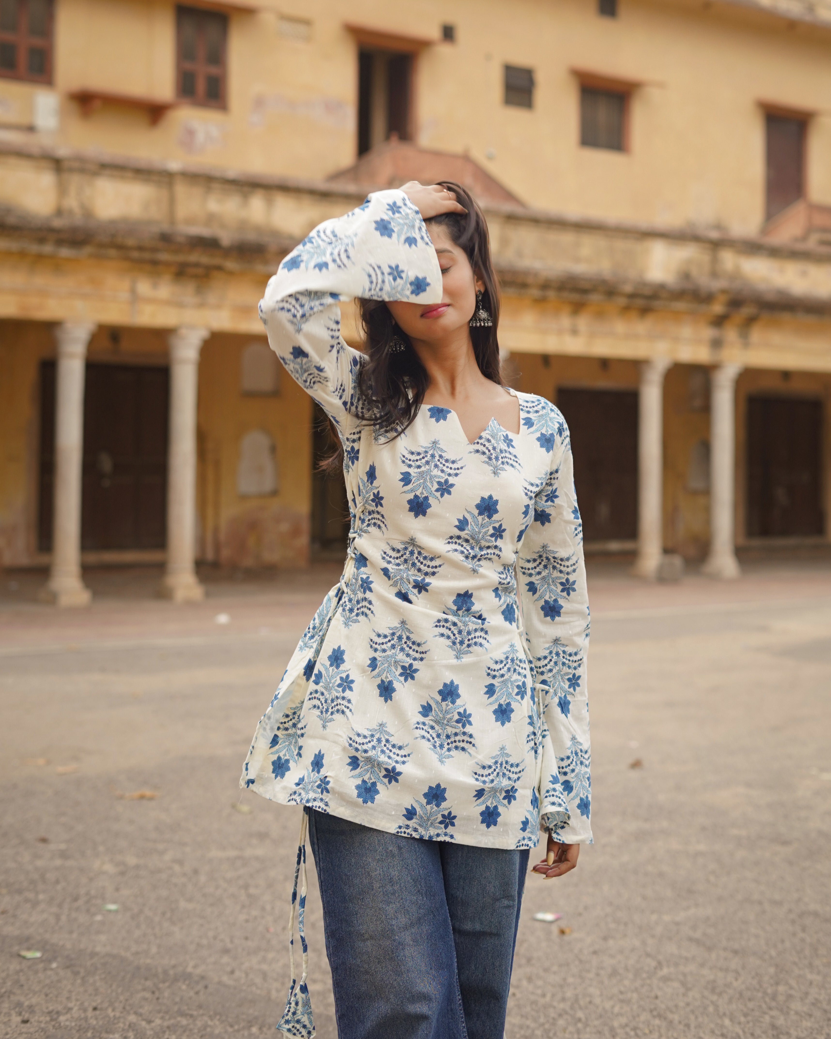 Syahi | Ivory & Blue Bell Sleeve Block Print Short Kurti