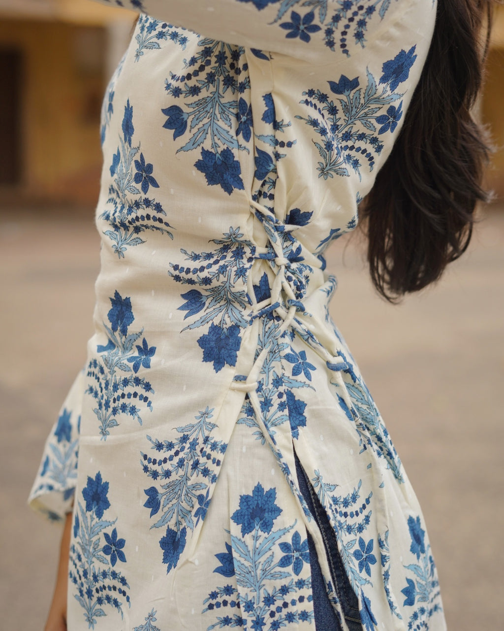 Syahi | Ivory & Blue Bell Sleeve Block Print Short Kurti