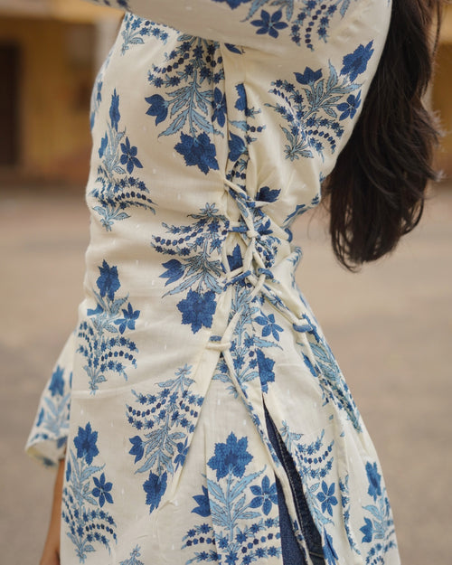 Syahi | Ivory & Blue Bell Sleeve Block Print Short Kurti
