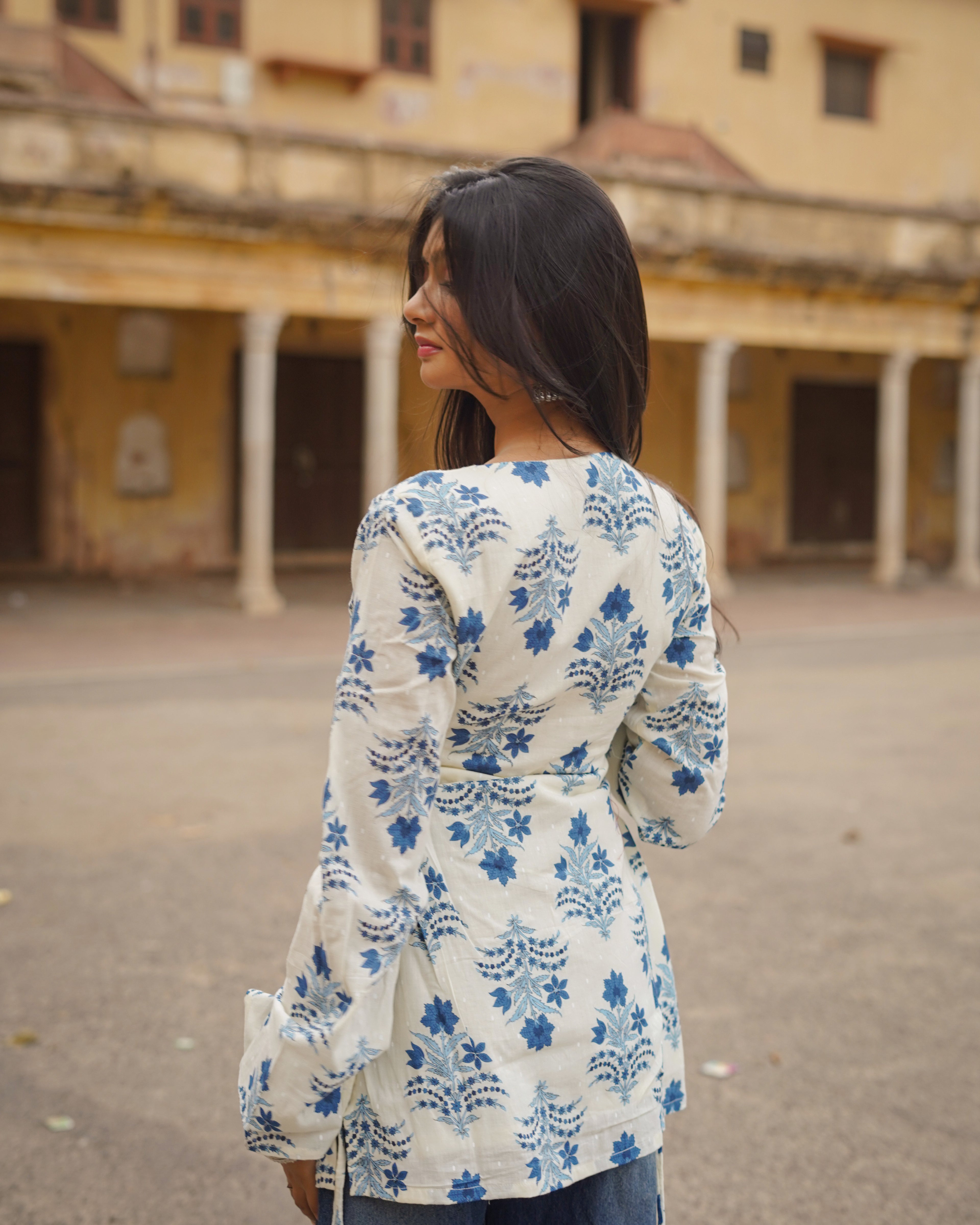 Syahi | Ivory & Blue Bell Sleeve Block Print Short Kurti