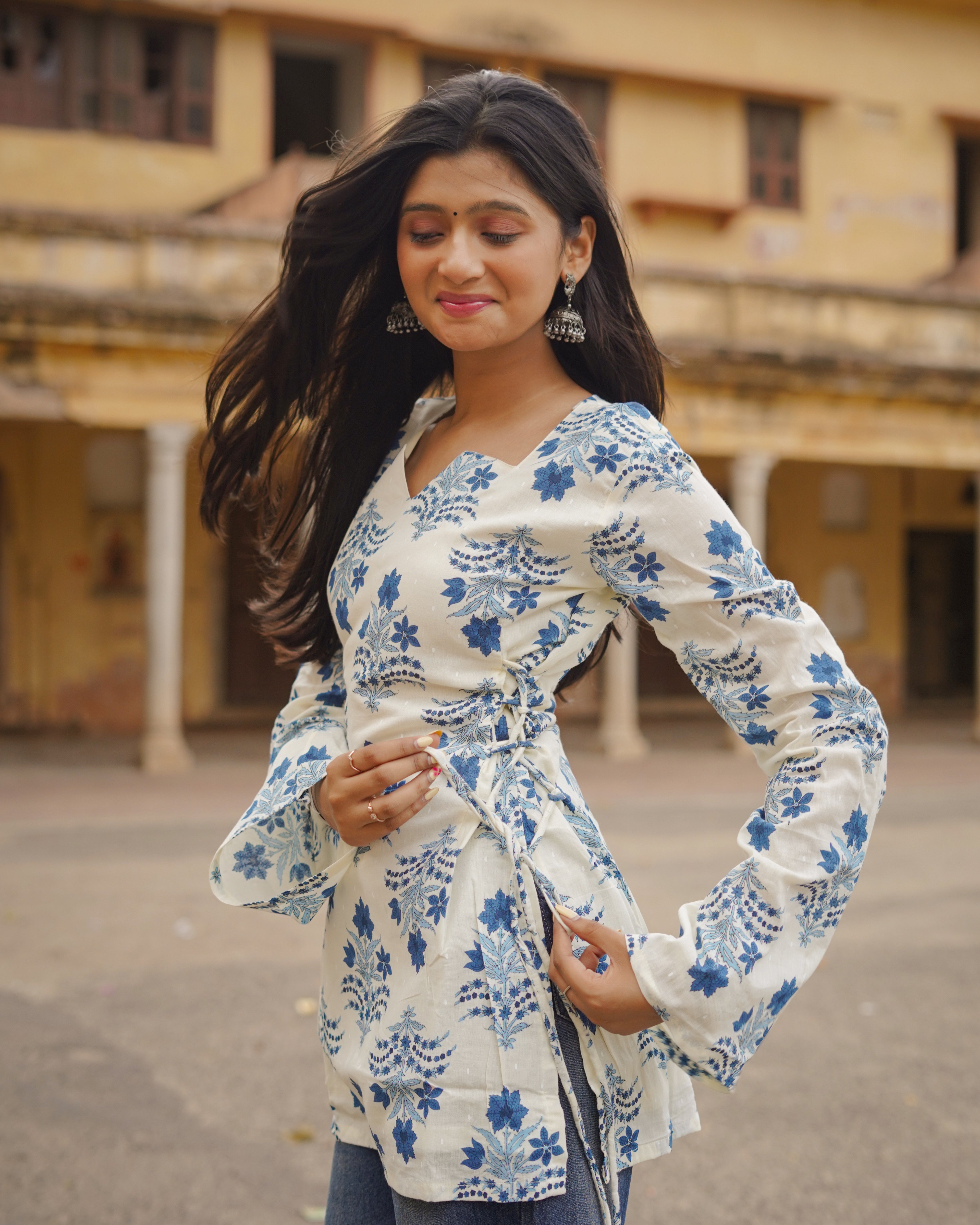 Syahi | Ivory & Blue Bell Sleeve Block Print Short Kurti