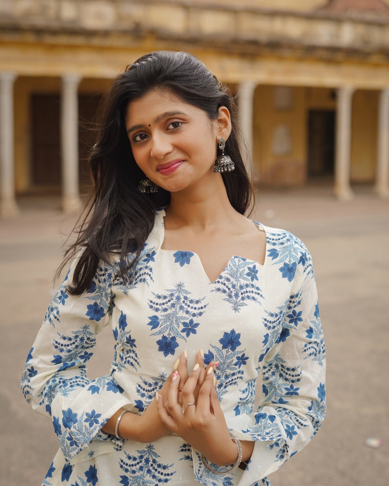 Syahi | Ivory & Blue Bell Sleeve Block Print Short Kurti
