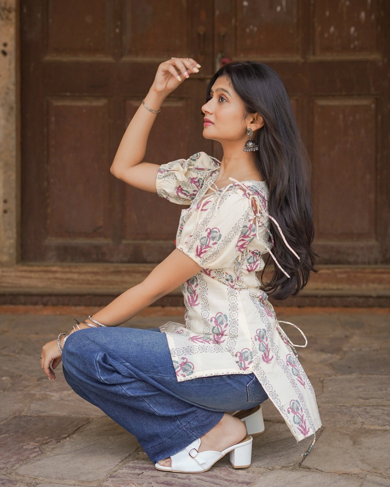 Ayesha | Ivory Floral Block Print Puff Sleeve Short Kurti