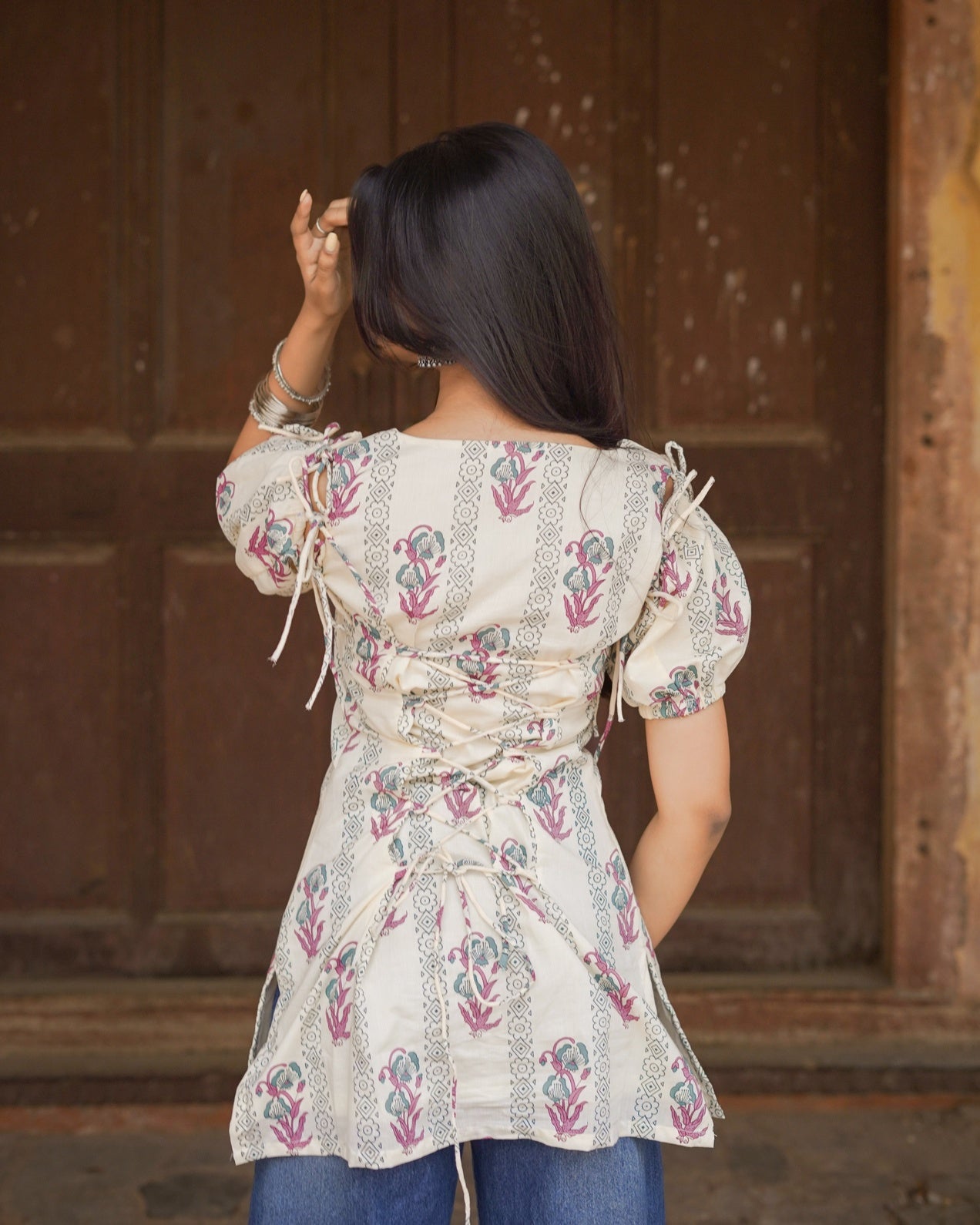 Ayesha | Ivory Floral Block Print Puff Sleeve Short Kurti