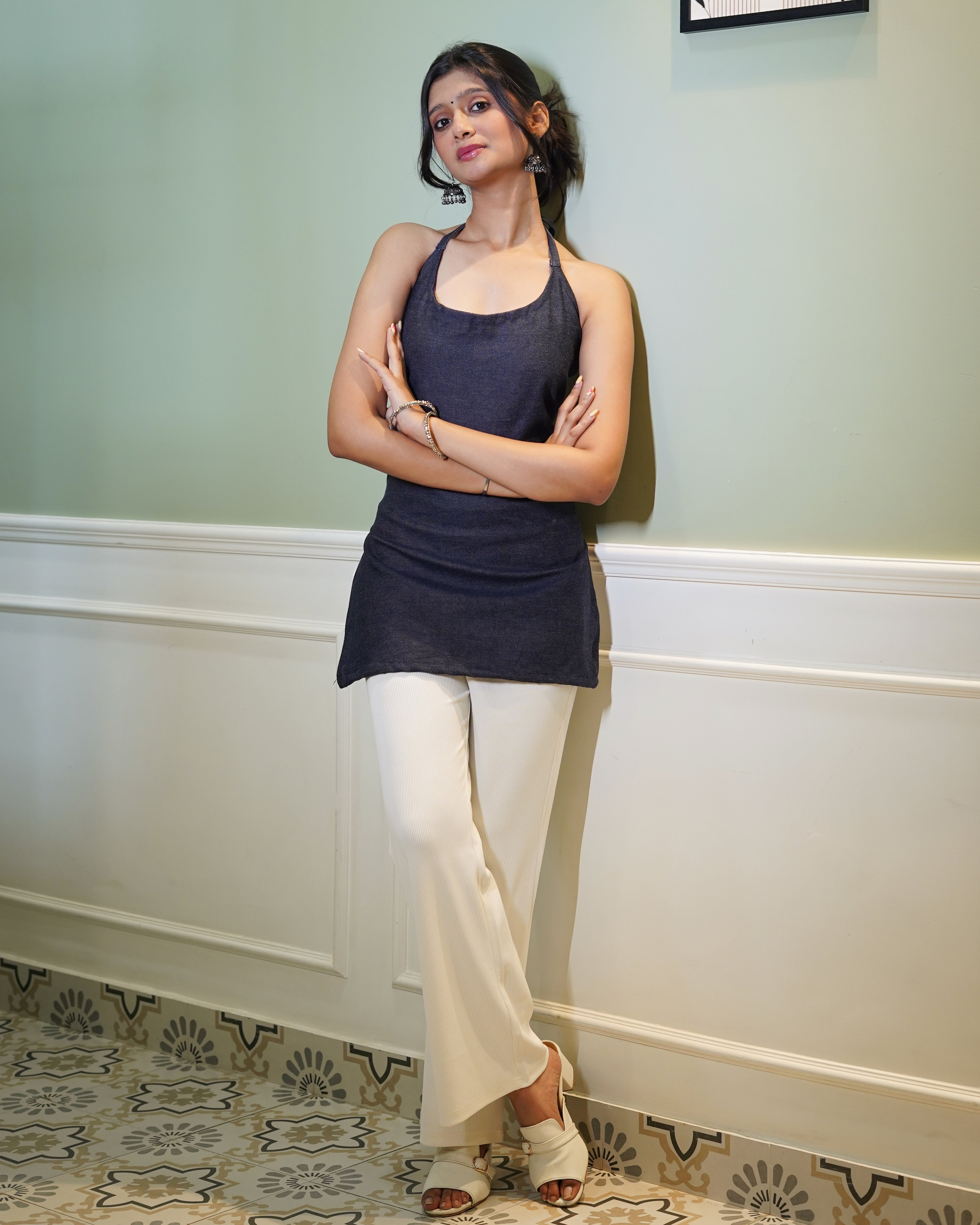 Chic Denim-Look Halter Neck Short Kurti