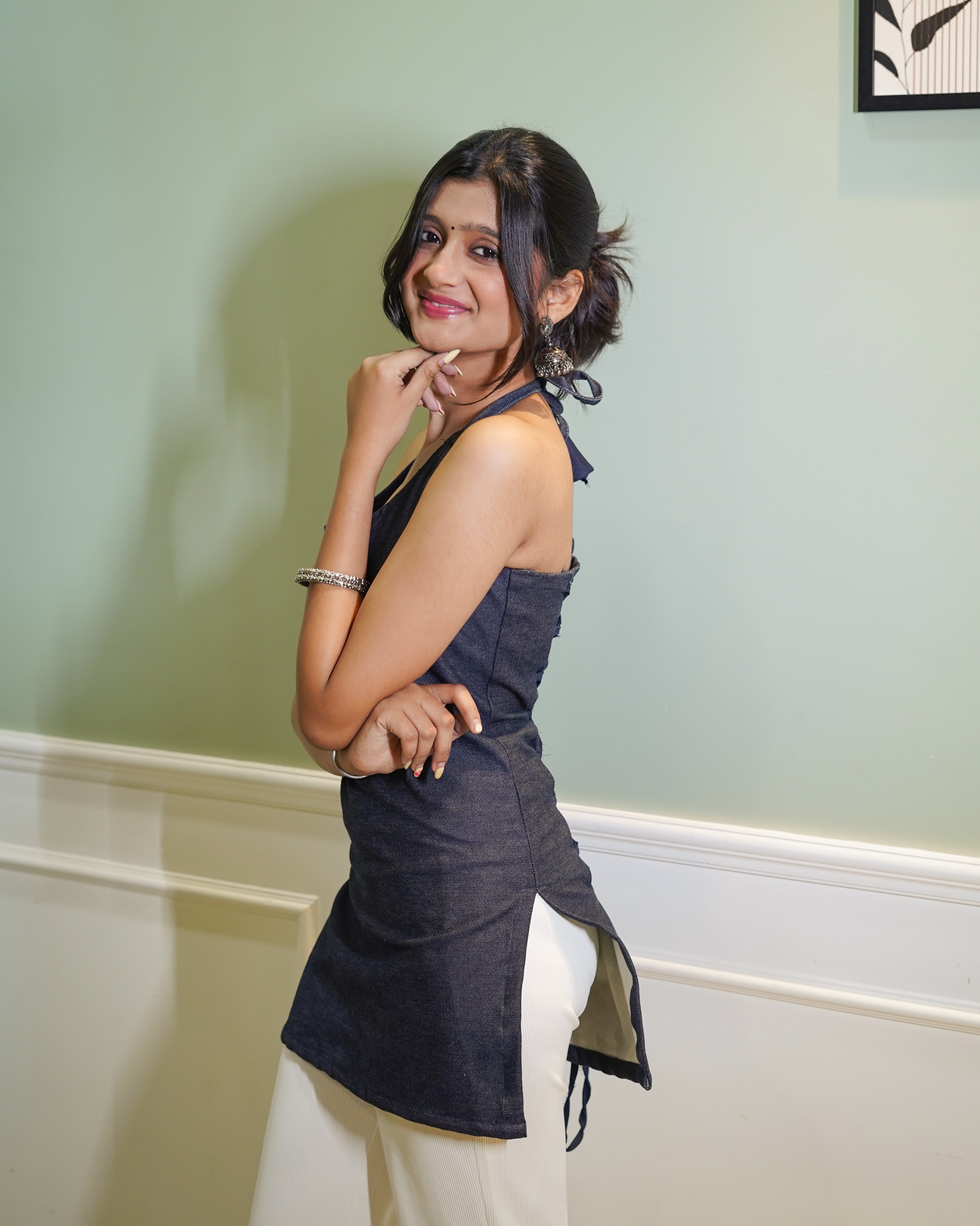 Chic Denim-Look Halter Neck Short Kurti