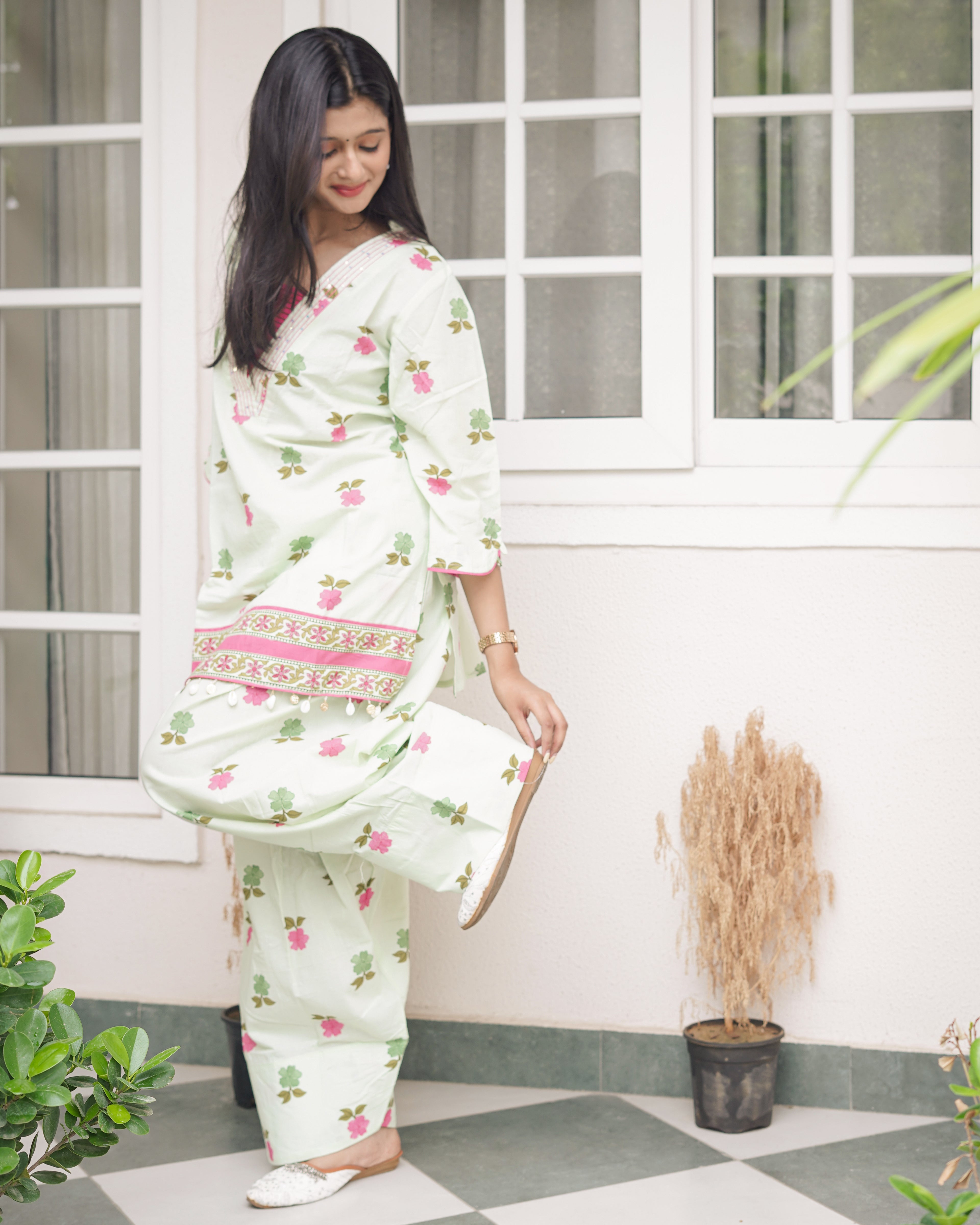 Sage Green Floral Printed Short Kurti with Farsi Pants Co-Ord Set