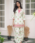 Sage Green Floral Printed Short Kurti with Farsi Pants Co-Ord Set