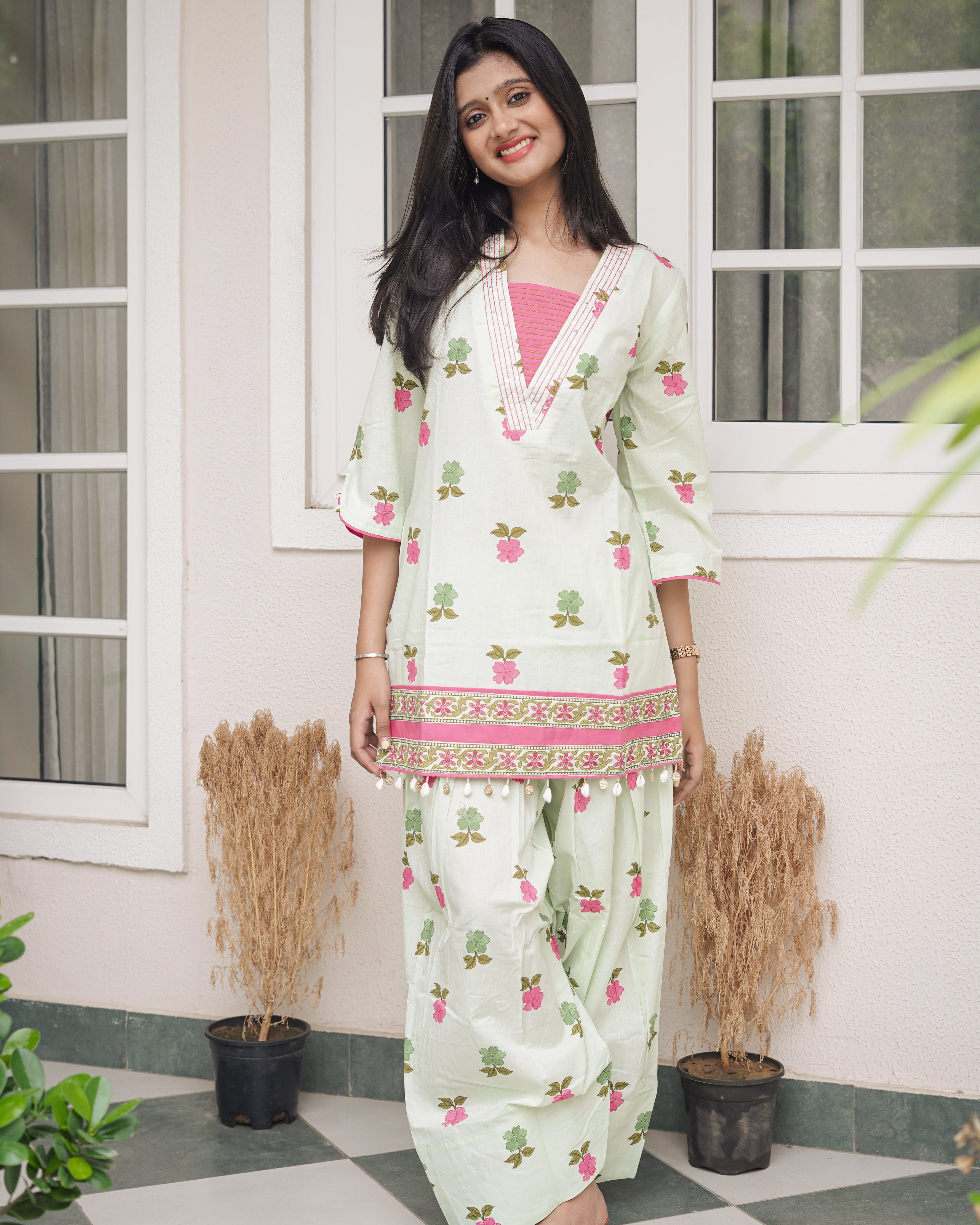 Sage Green Floral Printed Short Kurti with Farsi Pants Co-Ord Set
