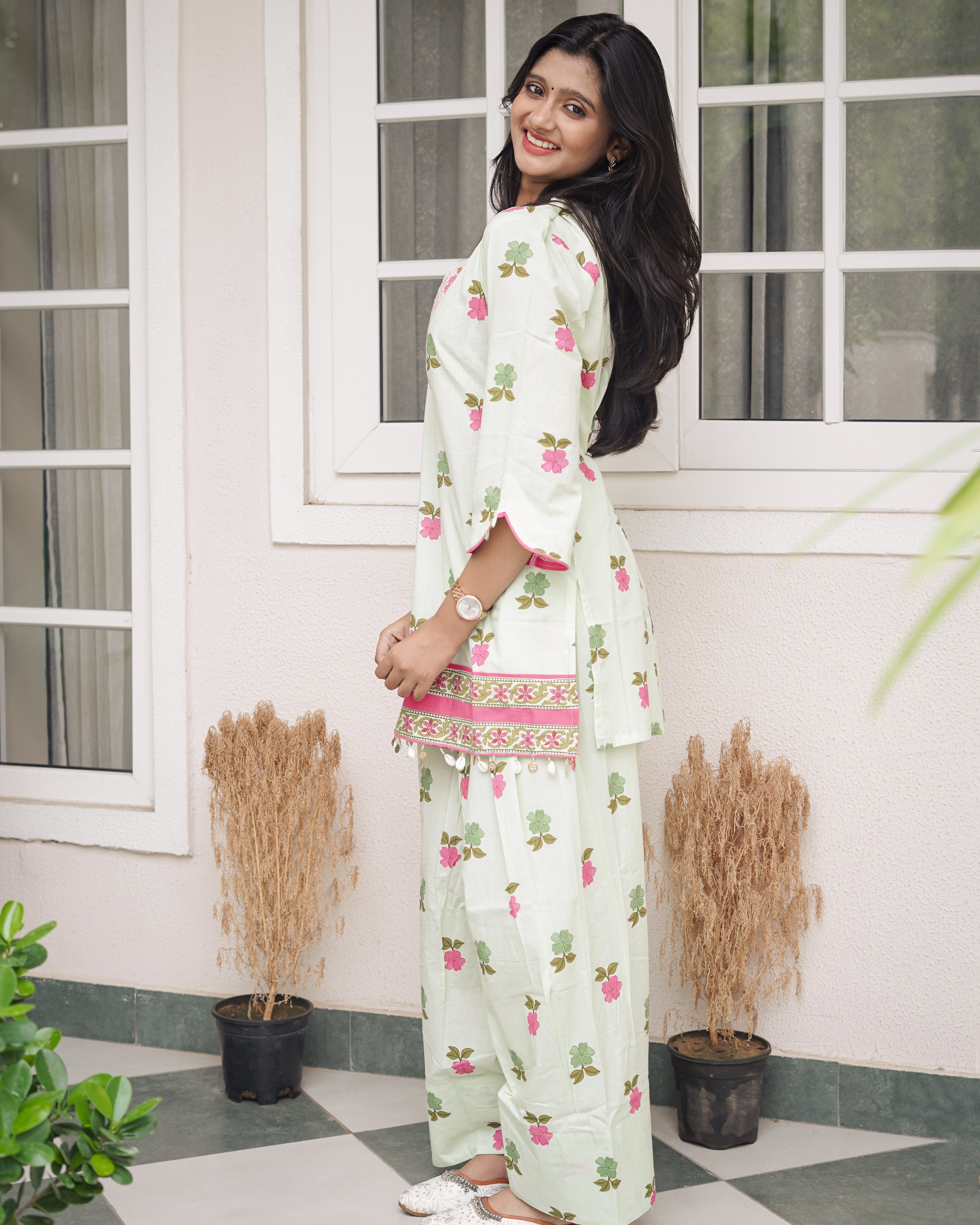 Sage Green Floral Printed Short Kurti with Farsi Pants Co-Ord Set