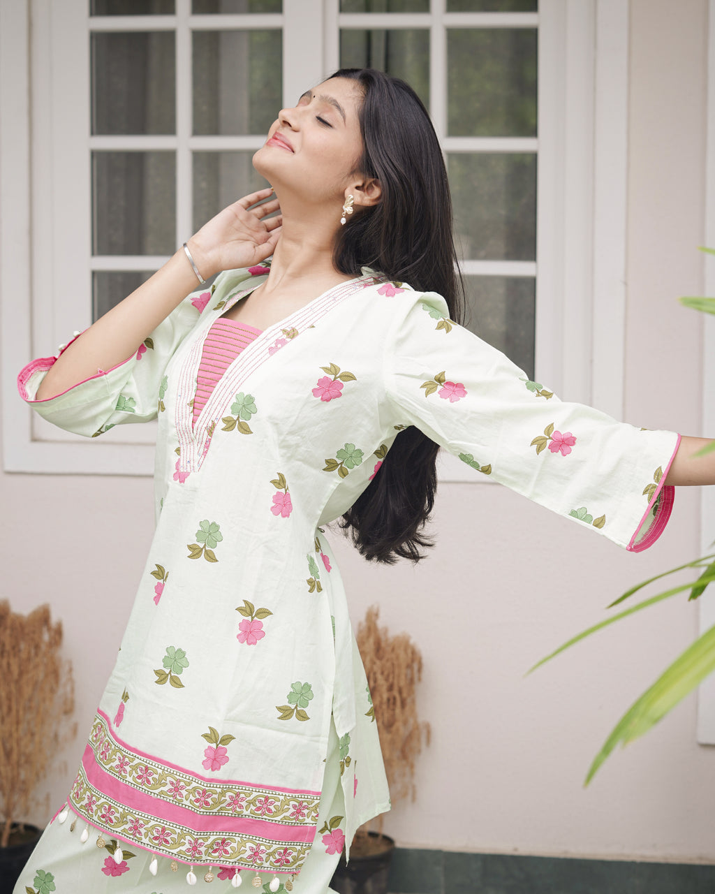 Sage Green Floral Printed Short Kurti with Farsi Pants Co-Ord Set