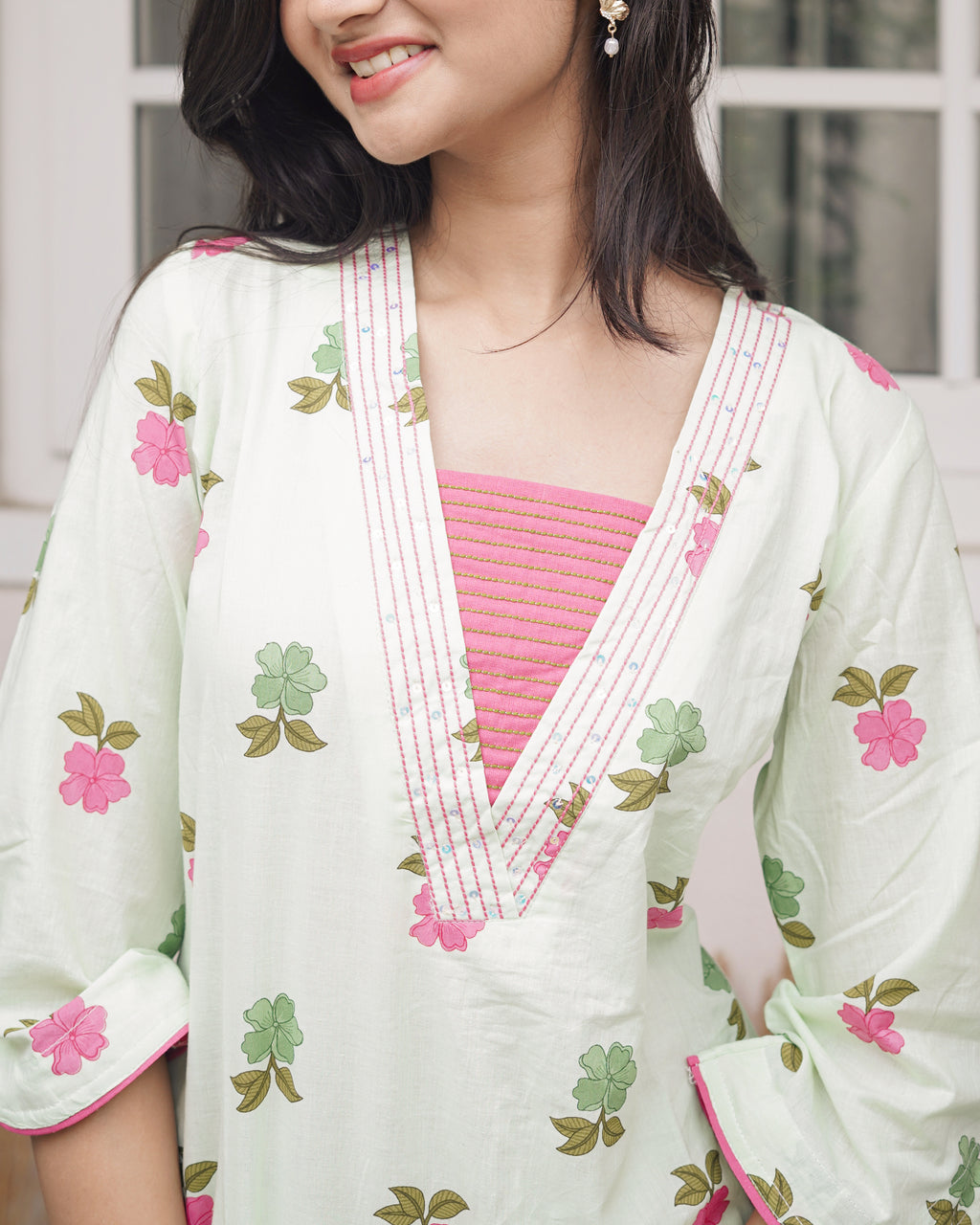 Sage Green Floral Printed Short Kurti with Farsi Pants Co-Ord Set