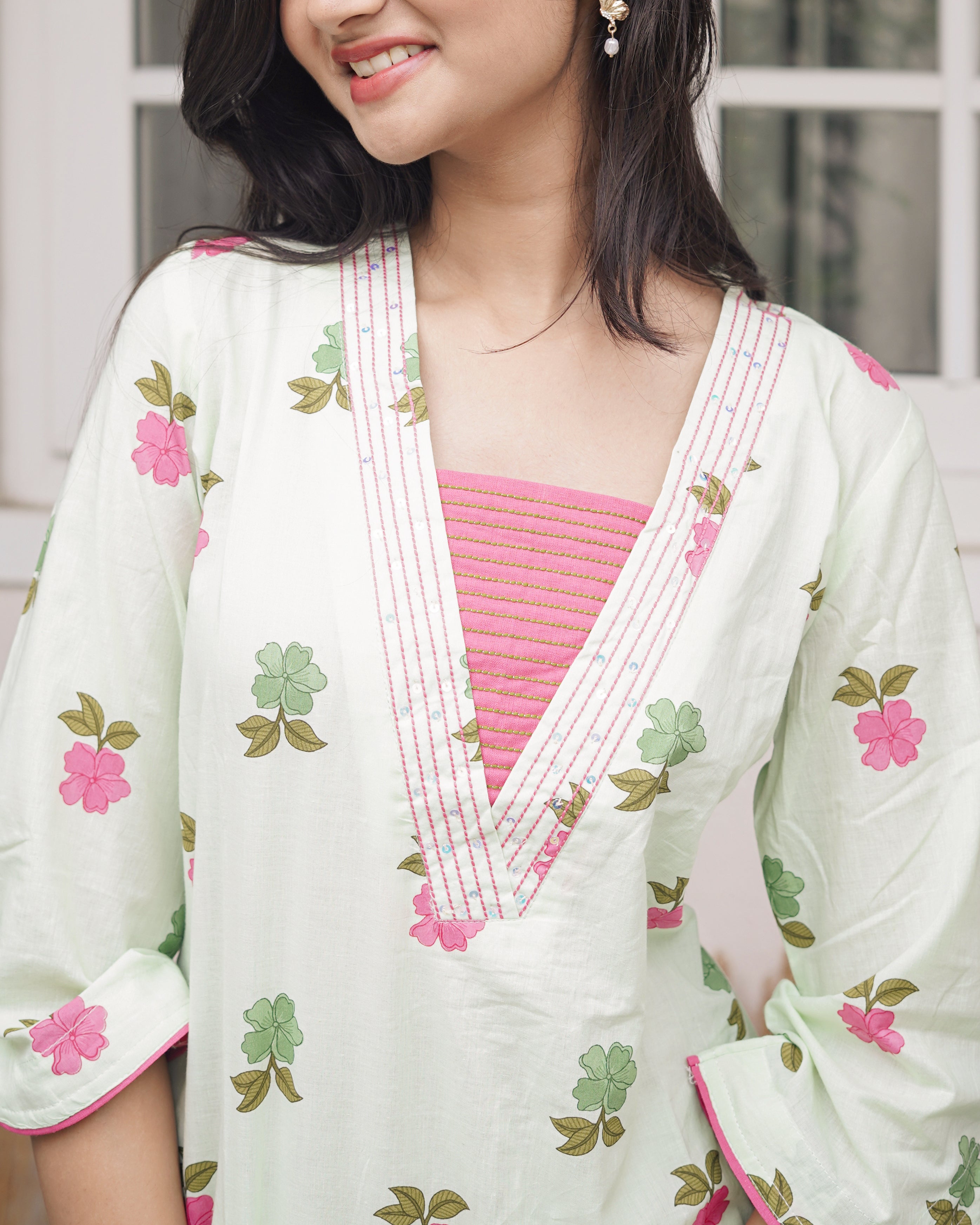 Sage Green Floral Printed Short Kurti with Farsi Pants Co-Ord Set