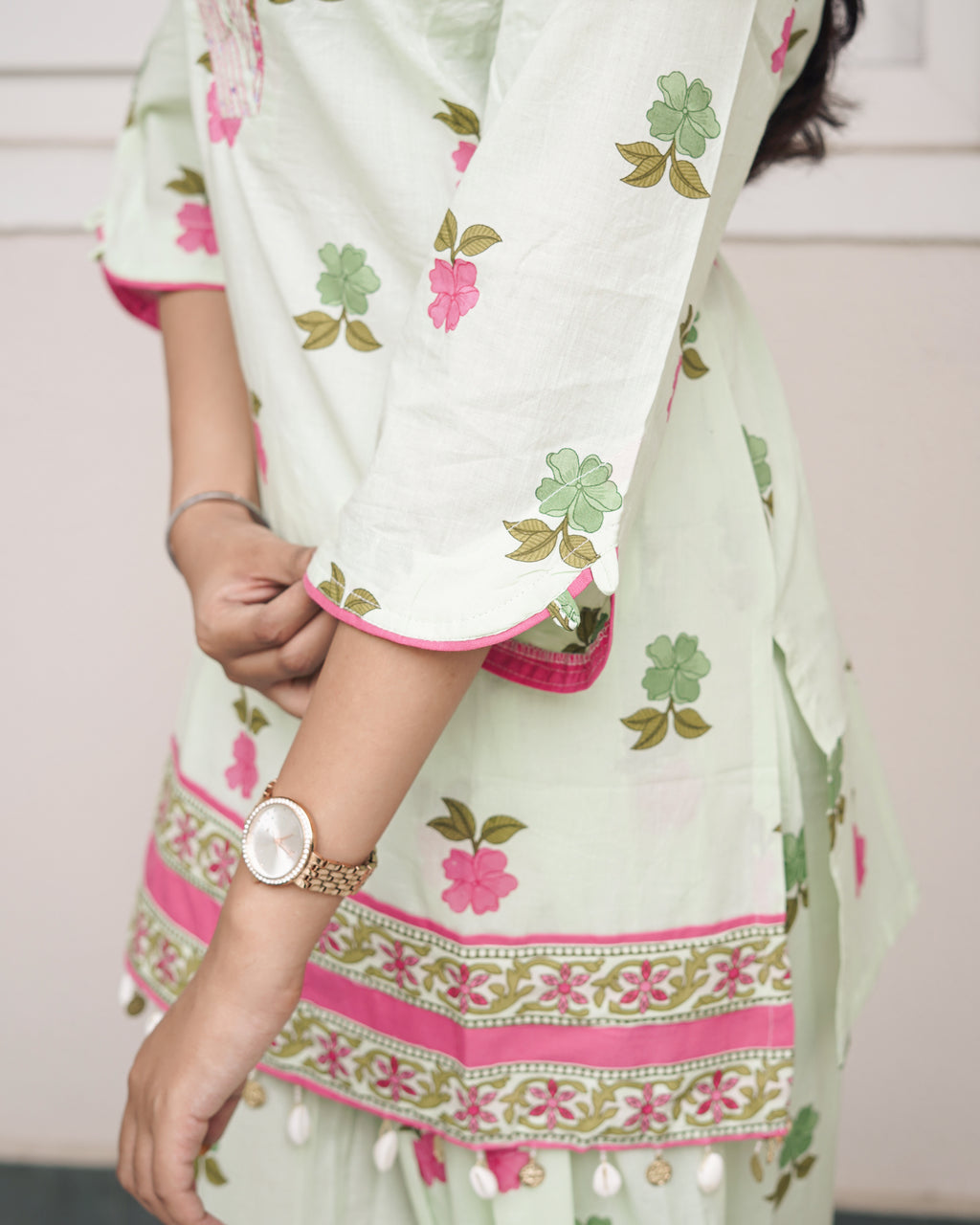 Sage Green Floral Printed Short Kurti with Farsi Pants Co-Ord Set