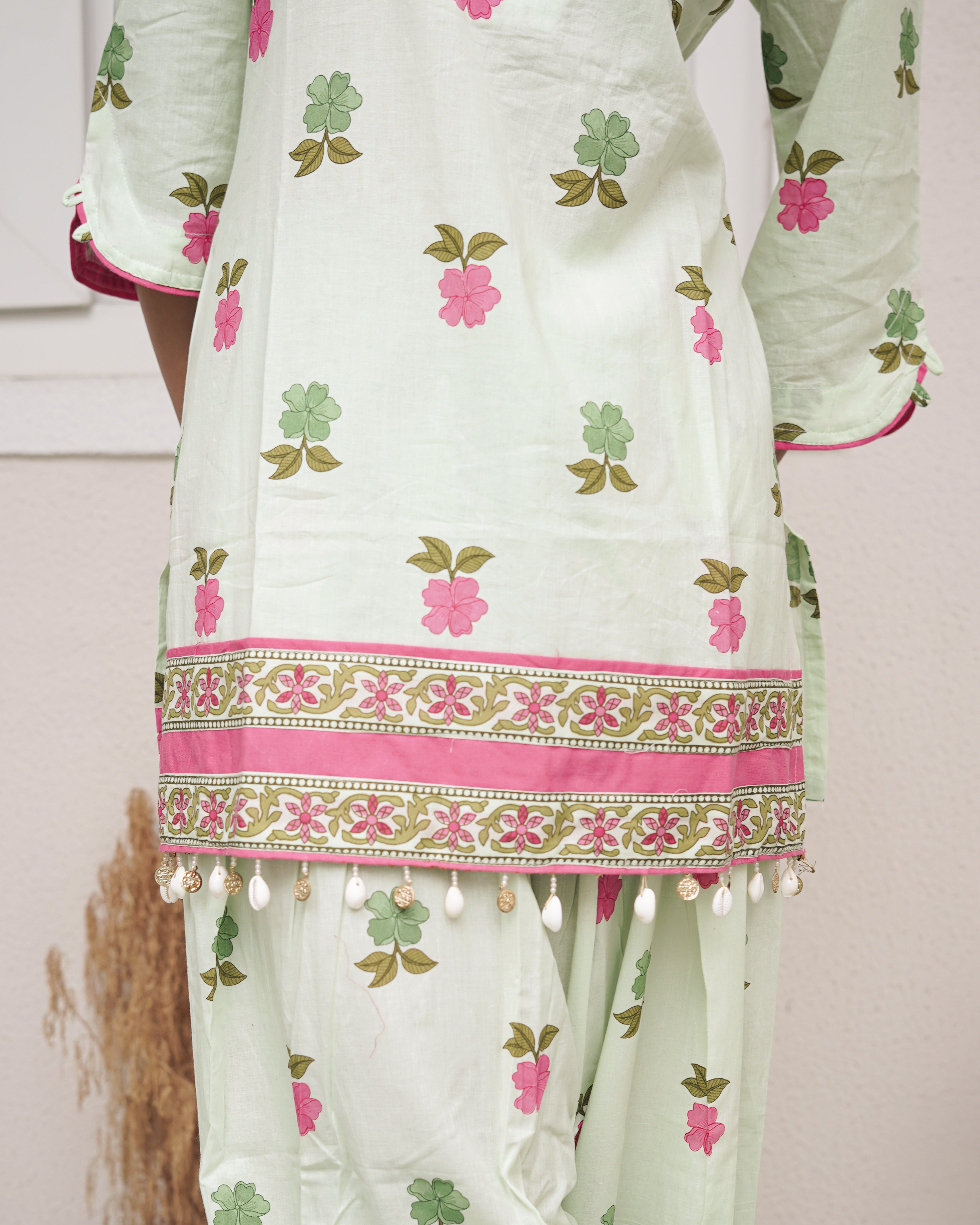 Sage Green Floral Printed Short Kurti with Farsi Pants Co-Ord Set