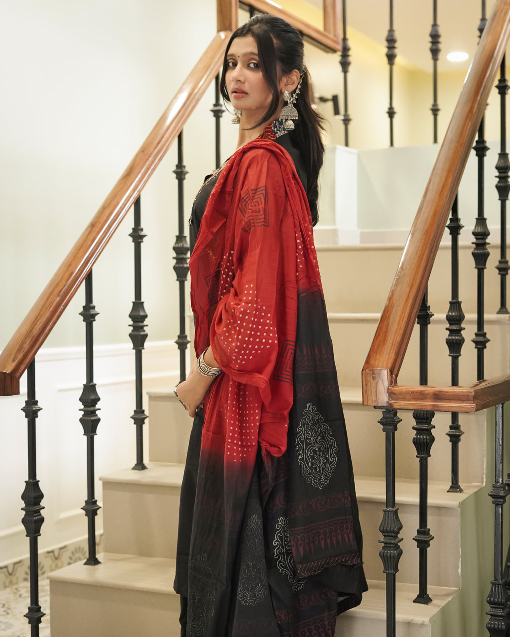 Black Cotton Kurta with Block Print Side Panels & Wide-Leg Palazzo Set | Jaipur Trendz