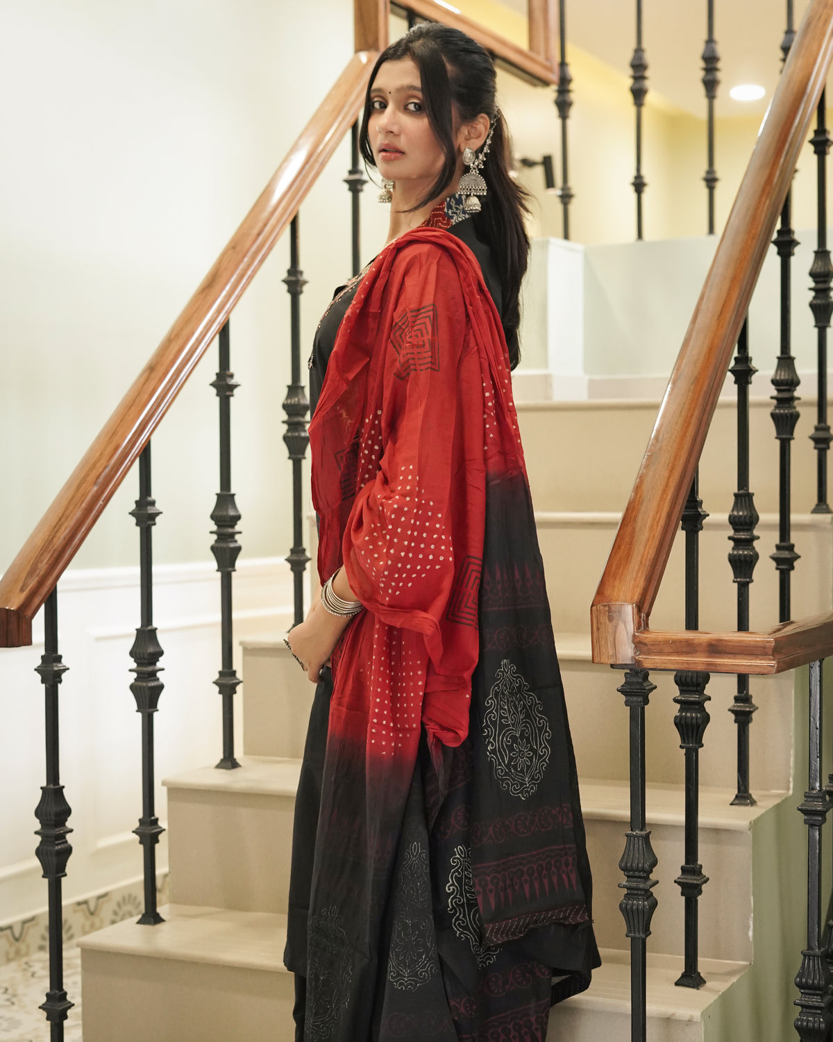 Black Cotton Kurta with Block Print Side Panels & Wide-Leg Palazzo Set | Jaipur Trendz